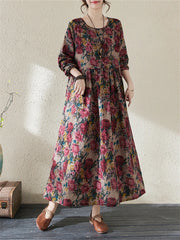 Cotton Vintage Long Sleeve Red Print Dresses Fashion Clothing