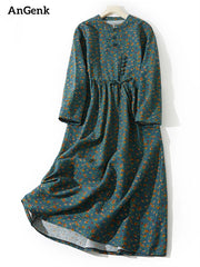 Cotton Linen Vintage Floral Print Casual Loose Long Dress