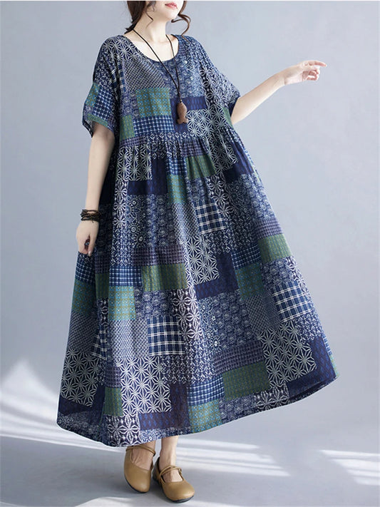 Cotton Vintage Short Sleeve Print Casual Loose Long Dress Clothing