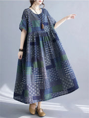 Cotton Vintage Short Sleeve Print Casual Loose Long Dress Clothing