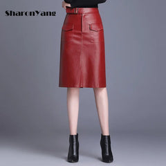 Straight Skirts Solid Color Casual PU Leather Knee Length