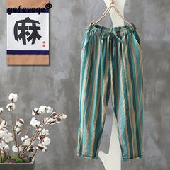 Vintage Striped Print Cotton Linen Ankle Length Harem Pants
