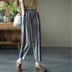 Vintage Striped Print Cotton Linen Ankle Length Harem Pants
