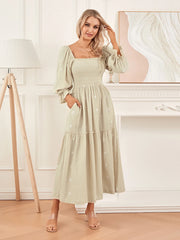 Embroidery Flower A-Line Dress Women's Puff Long Sleeve Square Neck