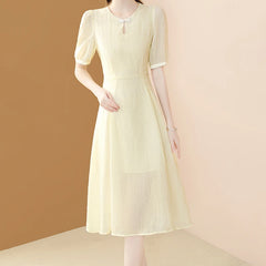 Apricot O-neck Puff Sleeve Casual Office A-line Dresses
