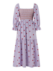 Embroidery Flower A-Line Dress Women's Puff Long Sleeve Square Neck