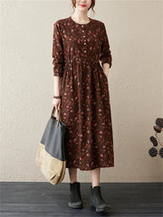 Long Sleeve Cotton Linen Vintage Floral Print Dresses