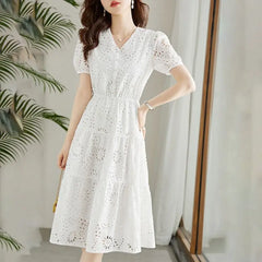 Women Hollow Embroidery White Elegant Party Dresses