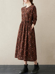 Long Sleeve Cotton Linen Vintage Floral Print Dresses