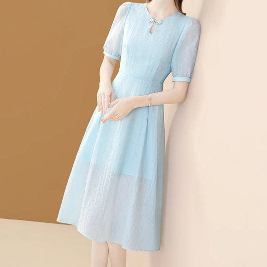 Apricot O-neck Puff Sleeve Casual Office A-line Dresses