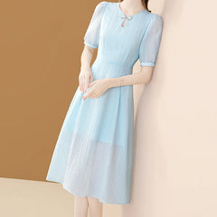 Apricot O-neck Puff Sleeve Casual Office A-line Dresses