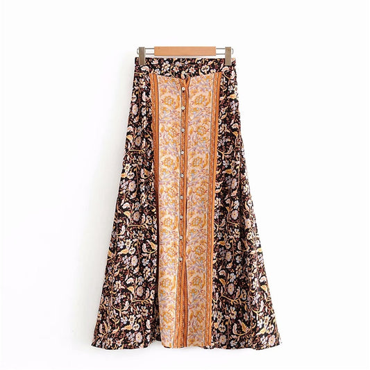 Hippie Front Button Cute Floral Printed Bohemian Long Maxi Skirts