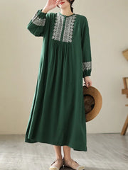 Cotton Long Vintage Style Embroidery Casual Dress