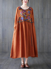 Cotton Linen Long Sleeve Floral Print Vintage Dresses