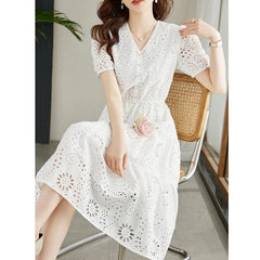 Women Hollow Embroidery White Elegant Party Dresses
