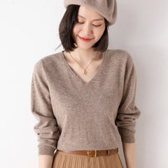 Pure Wool V-Neck Loose Pullover Sweater Basic Style All-Match Knitted