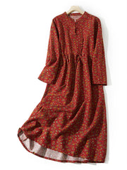 Cotton Linen Vintage Floral Print Casual Loose Long Dress