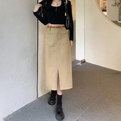 Long Fashion with Belt High Waist Split Straight Skirt All-Match