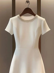 Women French Style Simple Patchwork Fabric Bead A-line Skirt Dress