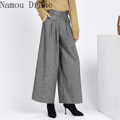 Winter Warm Wool Women's Pants High Waist Pleated Wide Leg