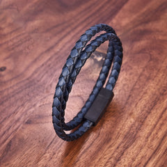 Simple Style Men's Black Genuine Leather Bracelet Classic Bangles