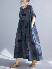Cotton Vintage Short Sleeve Print Casual Loose Long Dress Clothing