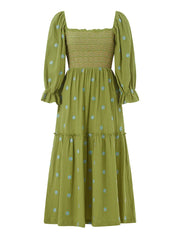 Embroidery Flower A-Line Dress Women's Puff Long Sleeve Square Neck