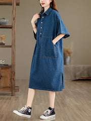 Denim Dress Loose Plus Size Short Sleeve POLO Neck Jeans