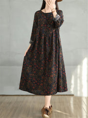 Cotton Vintage Long Sleeve Print Casual Loose Dress