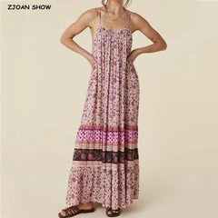 BOHO Pink Contrast Color Flower Print Midi Long Sling Dress