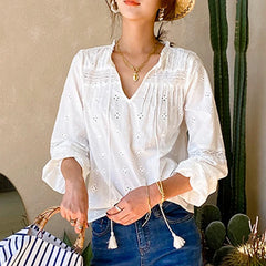 Floral Embroidery Lace Blouse shirt Vintage V Neck Long Sleeve
