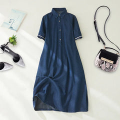 Women's Blue Denim Dress Fashion Short Sleeve Vintage Mid-long