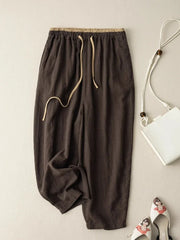 Summer Retro Cotton Linen Loose Harem Pants Elastic Drawstring Waist