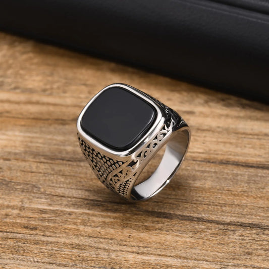 Rock Punk Onyx Stone Rings for Men Stylish Solid Stainless Steel