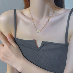 Stainless steel zircon opal butterfly pendant necklace