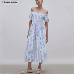 BOHO White Blue Flower Striped Print Maxi Dress