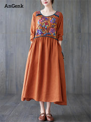 Cotton Linen Long Sleeve Floral Print Vintage Dresses