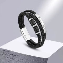 Bracelets for Men Black PU Leather Bangle with Metal Tube Charm