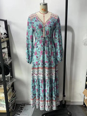 BOHO Contrast Color Flower Print Long Sleeve Dress