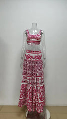 Porcelain Two Piece Set Flower Print Short Crop Top Maxi Skirt Suits