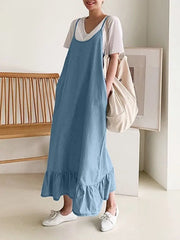 Fashion Sundress Summer Vintage Ruffles Casual Straps Solid Midi
