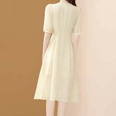 Apricot O-neck Puff Sleeve Casual Office A-line Dresses