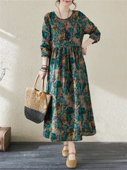 Cotton Vintage Long Sleeve Red Print Dresses Fashion Clothing