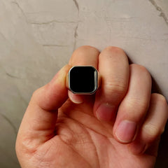 Retro Flat Square Black Glass Onyx Ring For Men Classic Style