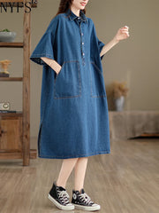 Denim Dress Loose Plus Size Short Sleeve POLO Neck Jeans
