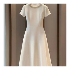 Women French Style Simple Patchwork Fabric Bead A-line Skirt Dress