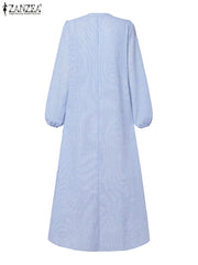 Elegant V Neck Long Sleeve Dress Striped Sundress Pleated Midi Robe Fashion