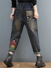 Embroidery Denim Pants For Trendy Casual High Waist Harem Jeans