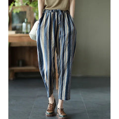 Vintage Striped Print Cotton Linen Ankle Length Harem Pants