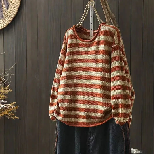 Fashion Casual Women Contrast Stripe Sweater Long Sleeve Basic